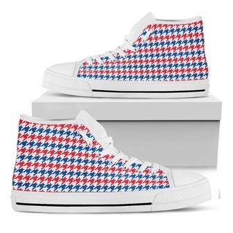 Red Blue And White Houndstooth Print White High Top Shoes - Monsterry CA
