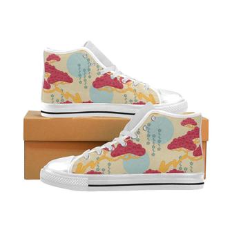 Red Bonsai gray sun japanese pattern Men's High Top Shoes White - Monsterry AU