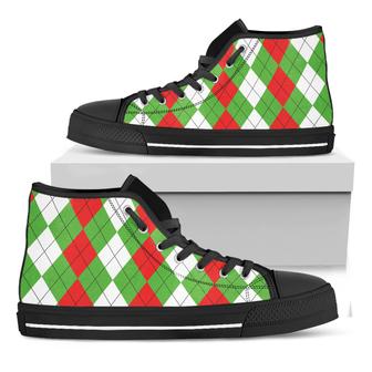 Red Green And White Argyle Black High Top Shoes - Monsterry CA