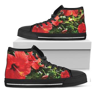 Red Hibiscus Flowers Print Black High Top Shoes - Monsterry DE