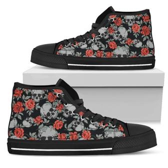 Red Rose Grey Skull Women's High Top Shoes - Monsterry DE