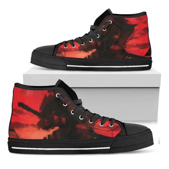 Red Sunset Samurai Print Black High Top Shoes - Monsterry