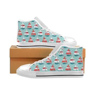 Red White sailboat wave background Men's High Top Shoes White - Monsterry