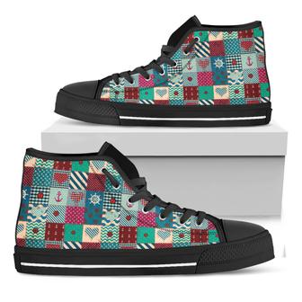 Retro Nautical Patchwork Pattern Print Black High Top Shoes - Monsterry CA