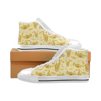 Saxophone cornet pattern yellow background Men's High Top Shoes White - Monsterry UK