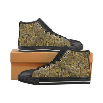 Saxophone Gold Pattern Women's High Top Shoes Black - Monsterry UK