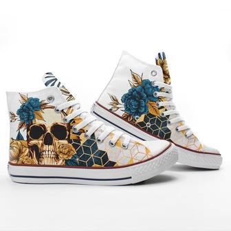 Skull And Flowers Custom Sneakers Skeleton Custom Shoes Fashion Shoes Gothic High Top Shoes - Monsterry AU