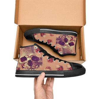 Skull And Roses High Top Shoes Black White Soles - Monsterry