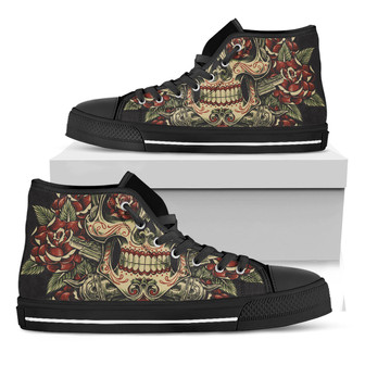 Skull And Roses Tattoo Print Black High Top Shoes - Monsterry