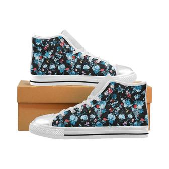 Skull flower roses leave pattern Women's High Top Shoes White - Monsterry AU