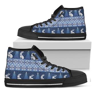 Snow Rabbit Knitted Pattern Print Black High Top Shoes - Monsterry AU