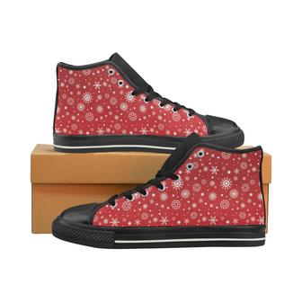 Snowflake pattern red background Men's High Top Shoes Black - Monsterry UK