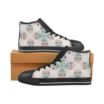 Square floral indian flower pattern Men's High Top Shoes Black - Monsterry