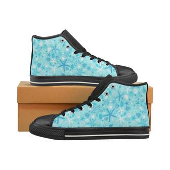 Starfish Shell Blue Theme Pattern Women's High Top Shoes Black - Monsterry
