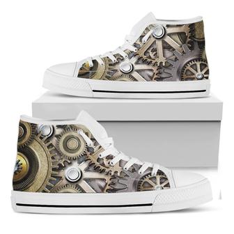 Steampunk Metallic Gears Print White High Top Shoes - Monsterry