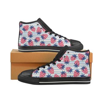 Strawberry pattern blue lines background Men's High Top Shoes Black - Monsterry UK