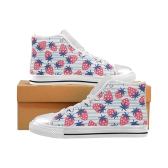 Strawberry pattern blue lines background Women's High Top Shoes White - Monsterry UK