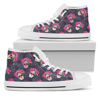 Sugar Skull Pink Rose Themed Print Women High Top Shoes - Monsterry