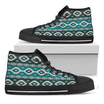 Teal Southwestern Navajo Pattern Print Black High Top Shoes - Monsterry CA