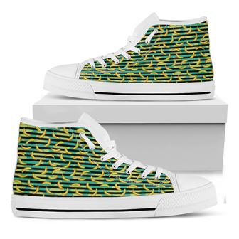 Teal Striped Banana Pattern Print White High Top Shoes - Monsterry