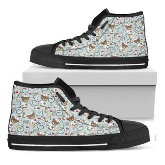 Teddy Bear Doctor Pattern Print Black High Top Shoes - Monsterry