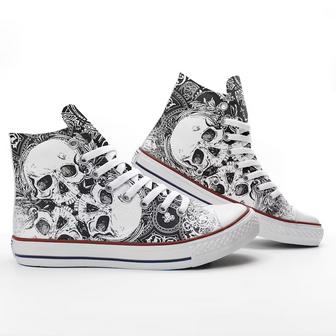 Three Skulls Custom Personalized Printed Sneakers, White High Top Shoes, Halloween Shoes - Monsterry UK