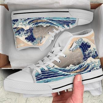 Tsunami Painting Full White Shoes For Gift Birthday Fashion Canvas High Top Shoes - Monsterry UK