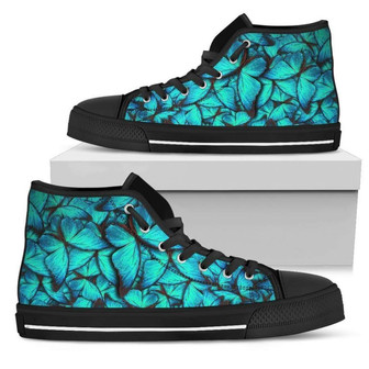 Turquoise Butterfly Pattern Print Men's High Top Shoes - Monsterry