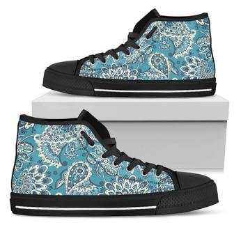 Turquoise Floral Bohemian Women's High Top Shoes - Monsterry