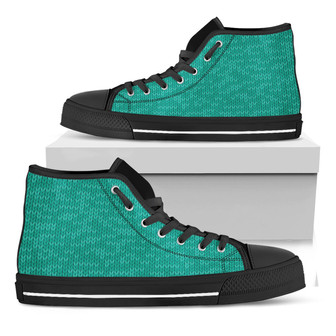 Turquoise Knitted Pattern Print Black High Top Shoes - Monsterry