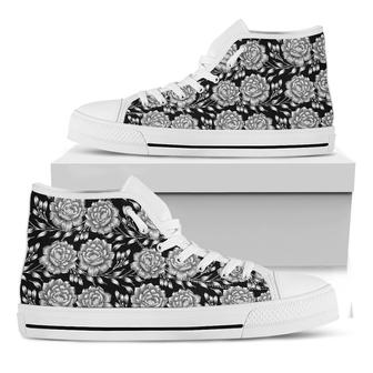 Vintage Black And White Floral Print White High Top Shoes - Monsterry AU