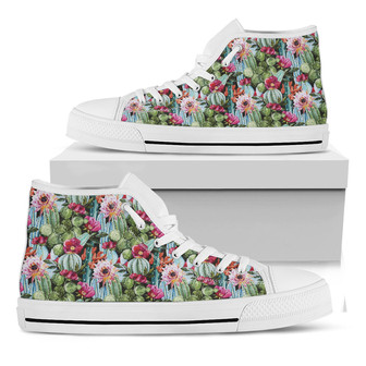 Vintage Cactus And Flower Print White High Top Shoes - Monsterry