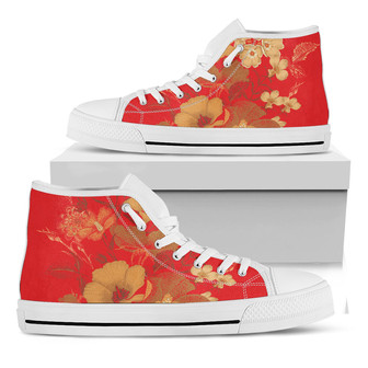 Vintage Chinese Flower Print White High Top Shoes - Monsterry