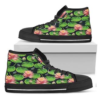 Water Lily Flower Pattern Print Black High Top Shoes - Monsterry