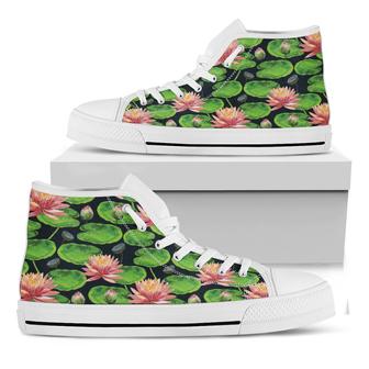 Water Lily Flower Pattern Print White High Top Shoes - Monsterry