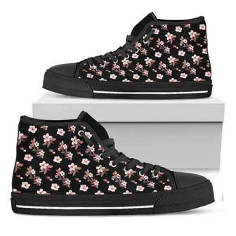 Watercolor Cherry Blossom Pattern Print Black High Top Shoes - Monsterry