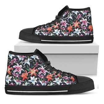 Watercolor Lily Flowers Pattern Print Black High Top Shoes - Monsterry