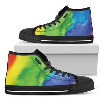 Watercolor Rainbow Lgbt Pride Print Black High Top Shoes - Monsterry