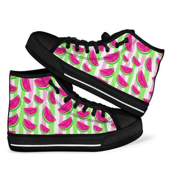 Watermelon Piece Stripe Green Pink Men Women's High Top Shoes - Monsterry UK