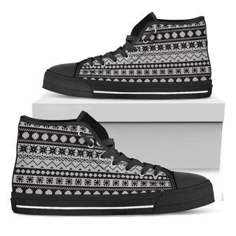 White And Black Knitted Pattern Print Black High Top Shoes - Monsterry CA
