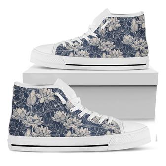 White And Blue Lotus Flower Print White High Top Shoes - Monsterry UK