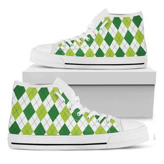 White And Green Argyle Pattern Print White High Top Shoes - Monsterry AU