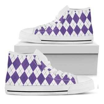 White And Purple Argyle Pattern Print White High Top Shoes - Monsterry CA