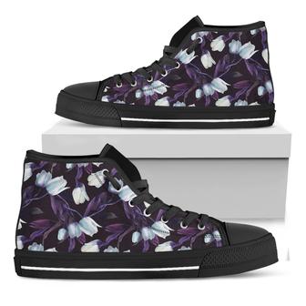 White And Purple Tulip Pattern Print Black High Top Shoes - Monsterry