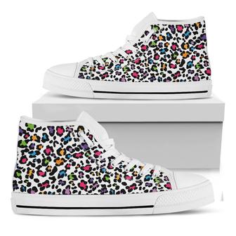 White And Rainbow Leopard Print White High Top Shoes - Monsterry