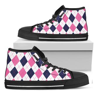 White Blue And Pink Argyle Black High Top Shoes - Monsterry AU