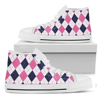 White Blue And Pink Argyle White High Top Shoes - Monsterry