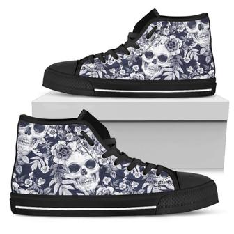 White Blue Skull Floral Men's High Top Shoes - Monsterry