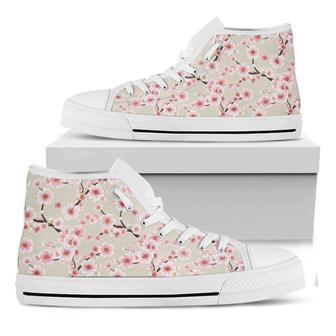 White Cherry Blossom Pattern Print White High Top Shoes - Monsterry DE