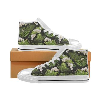 White orchid flower tropical leaves pattern blackg Women's High Top Shoes White - Monsterry UK